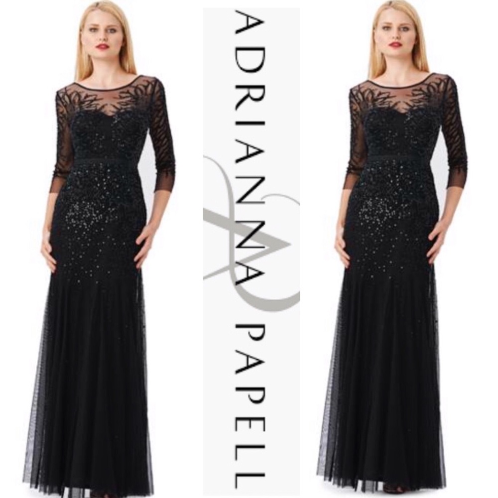 Adrianna Papell 3/4 sleeves beaded illusion sleeve long gown - Picture 3 of 14